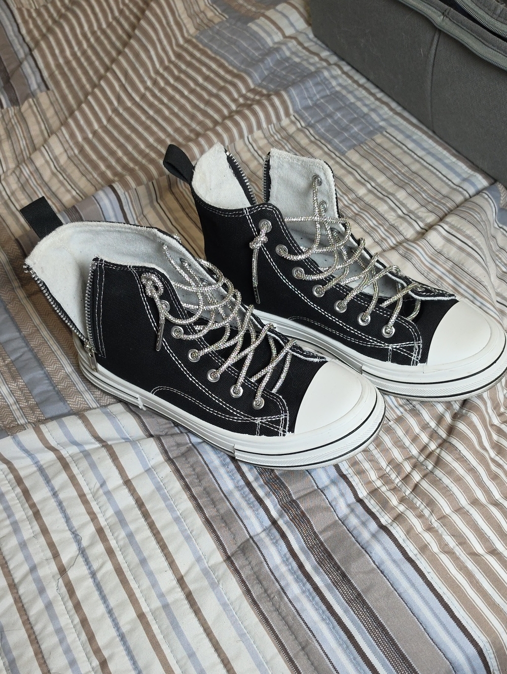 Black High-Top Canvas Sneakers with White Toe Cap